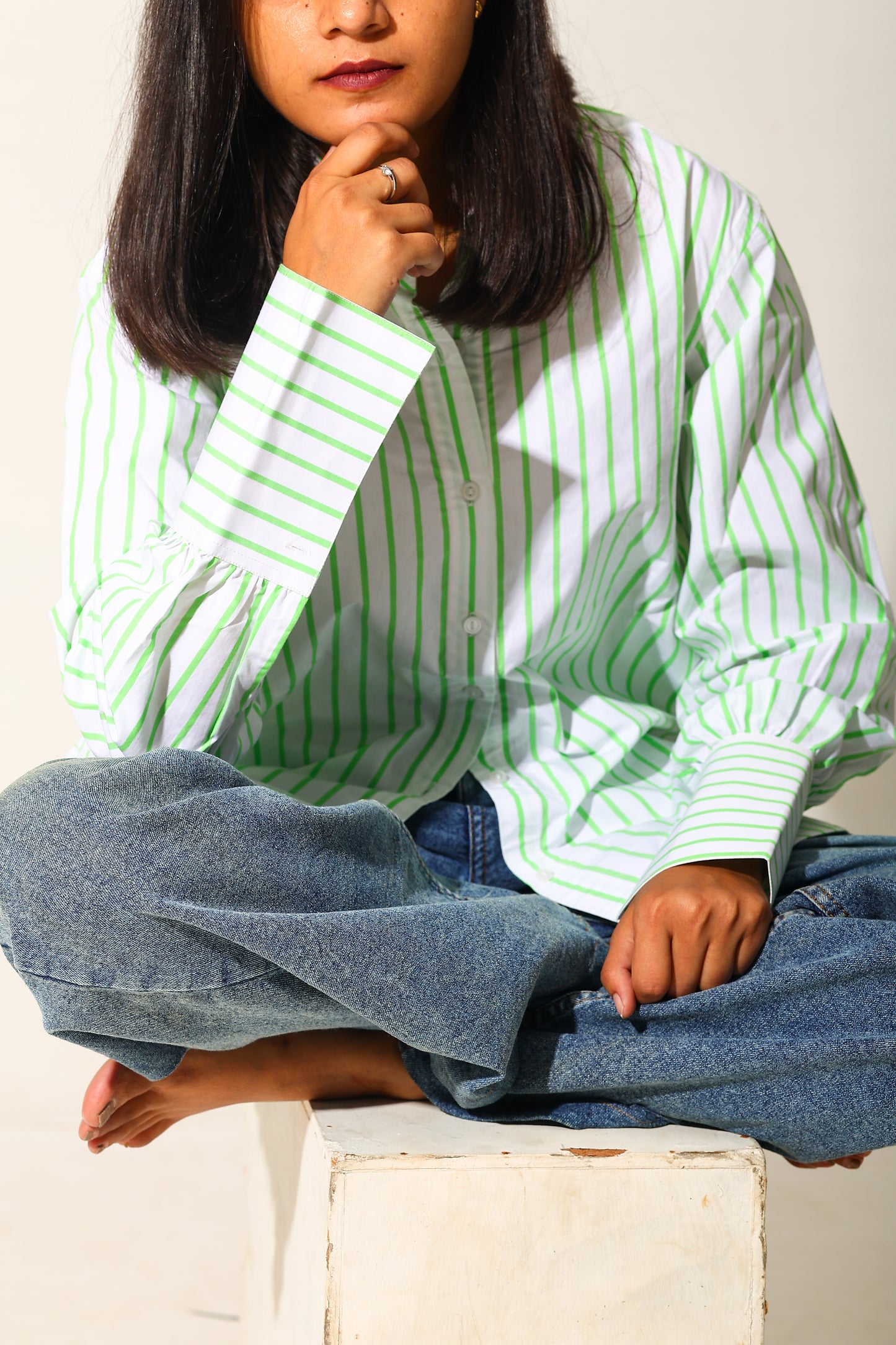 Green Striped Button-Down Cotton Shirt(RIYA114)